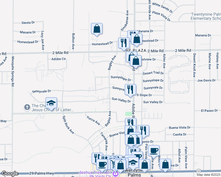 map of restaurants, bars, coffee shops, grocery stores, and more near 5967 Bagley Avenue in Twentynine Palms