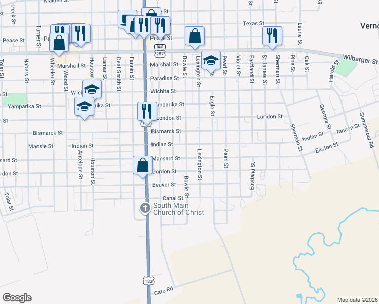 map of restaurants, bars, coffee shops, grocery stores, and more near 2509 Bowie Street in Vernon