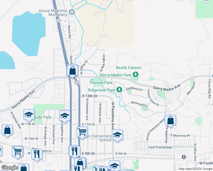 map of restaurants, bars, coffee shops, grocery stores, and more near 472 Desert Willow Road in Azusa
