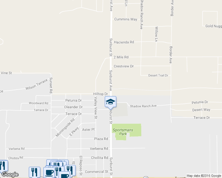map of restaurants, bars, coffee shops, grocery stores, and more near Hilltop Drive in Joshua Tree
