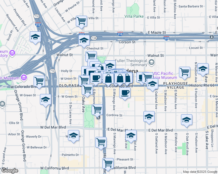 map of restaurants, bars, coffee shops, grocery stores, and more near 150 East Colorado Boulevard in Pasadena