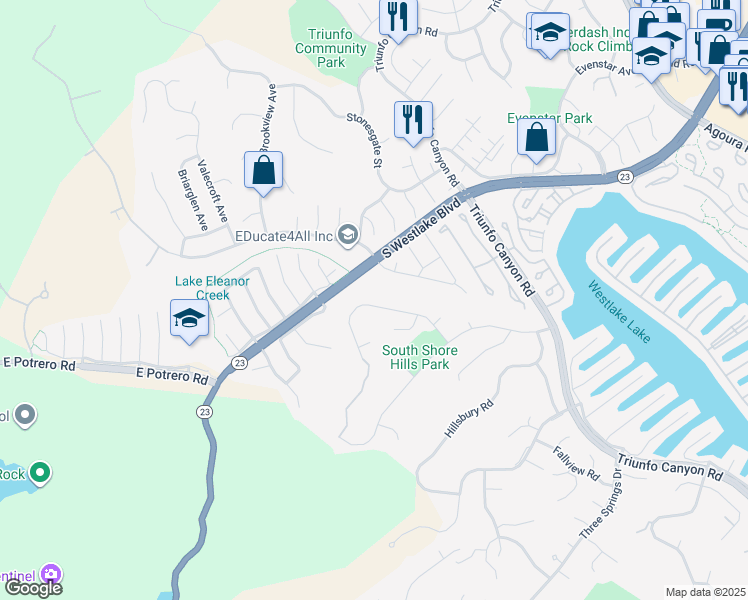map of restaurants, bars, coffee shops, grocery stores, and more near 2039 Channelford Road in Westlake Village