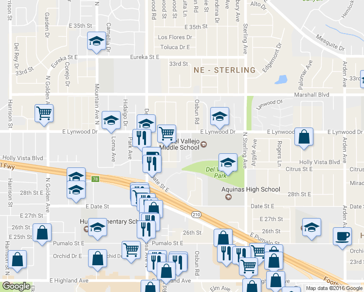 map of restaurants, bars, coffee shops, grocery stores, and more near 1777 Lynwood Drive East in San Bernardino