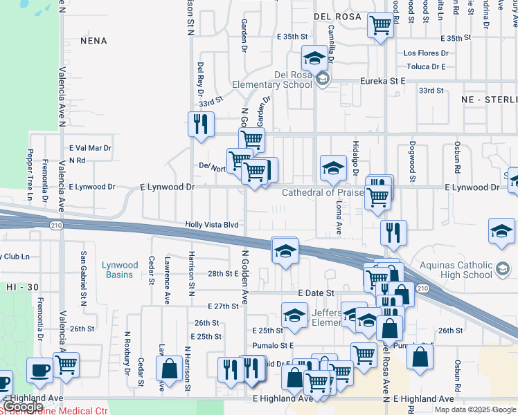 map of restaurants, bars, coffee shops, grocery stores, and more near 3055 North Golden Avenue in San Bernardino