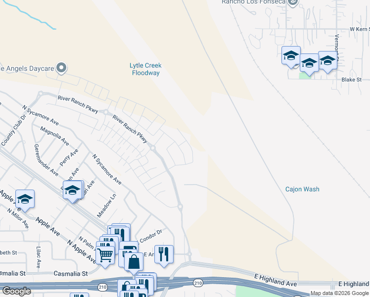 map of restaurants, bars, coffee shops, grocery stores, and more near North Oakdale Avenue in Rialto