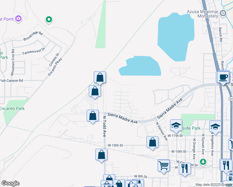 map of restaurants, bars, coffee shops, grocery stores, and more near 1195 West Calle De Las Estrellas in Azusa