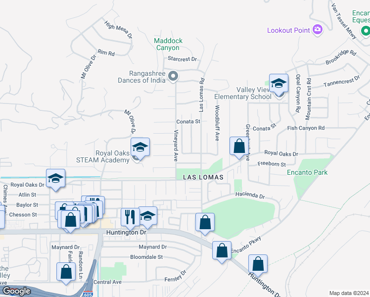 map of restaurants, bars, coffee shops, grocery stores, and more near 628 Royal View Street in Duarte