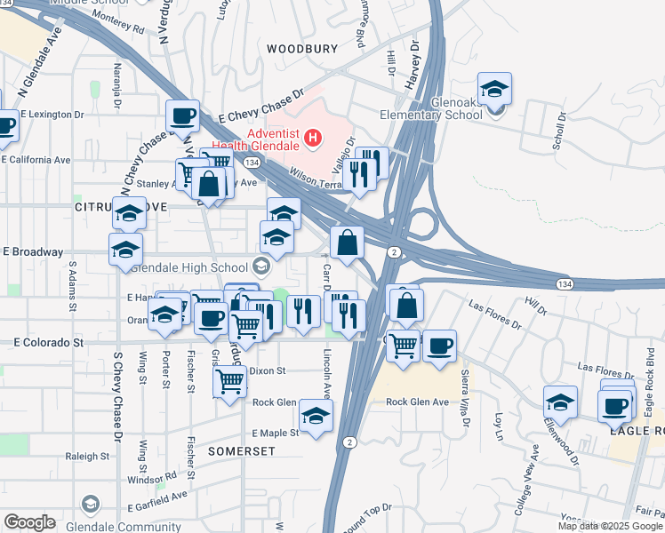 map of restaurants, bars, coffee shops, grocery stores, and more near in Glendale