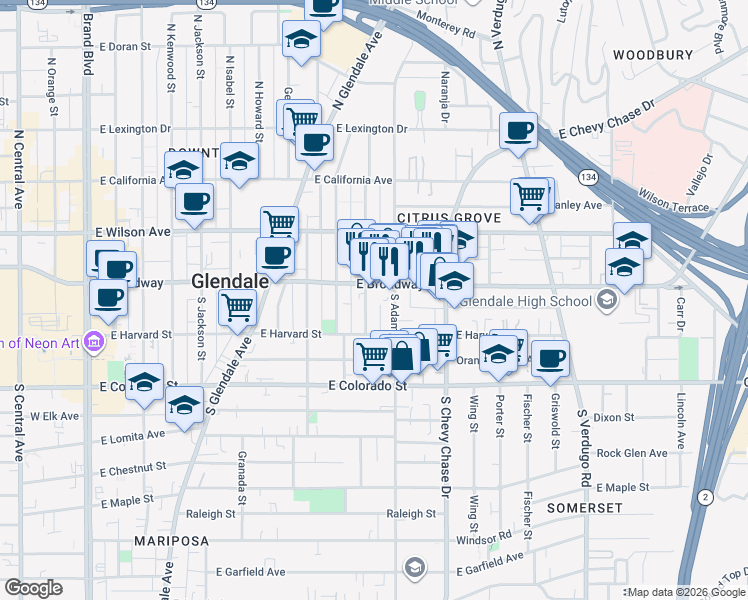 map of restaurants, bars, coffee shops, grocery stores, and more near 99 North Adams Street in Glendale