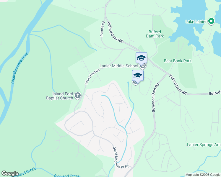 map of restaurants, bars, coffee shops, grocery stores, and more near 6935 River Island Circle in Buford