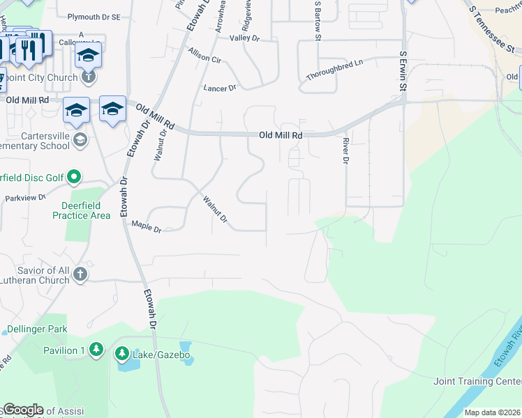 map of restaurants, bars, coffee shops, grocery stores, and more near 33 Bobwhite Trail in Cartersville
