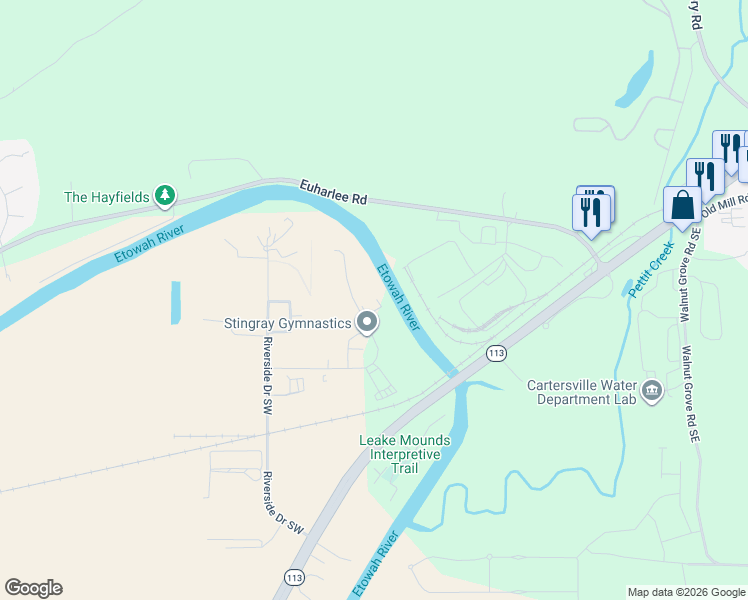 map of restaurants, bars, coffee shops, grocery stores, and more near 51 Curtis Court Southwest in Cartersville