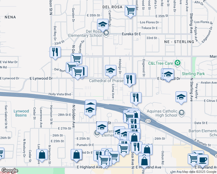 map of restaurants, bars, coffee shops, grocery stores, and more near 2995 Mountain Avenue in San Bernardino