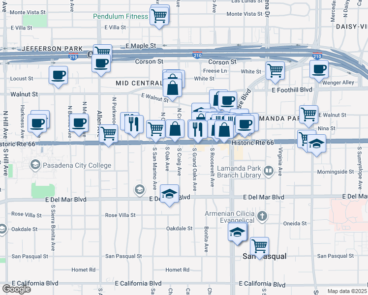 map of restaurants, bars, coffee shops, grocery stores, and more near 2176 East Colorado Boulevard in Pasadena