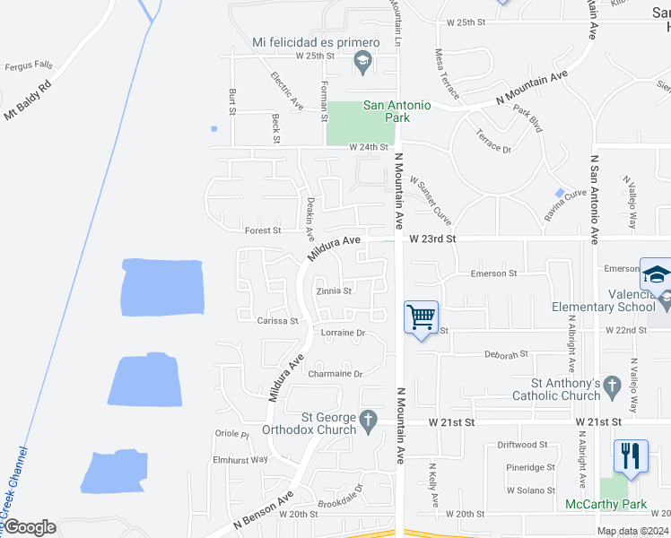 map of restaurants, bars, coffee shops, grocery stores, and more near 2265 Jasmine Avenue in Upland