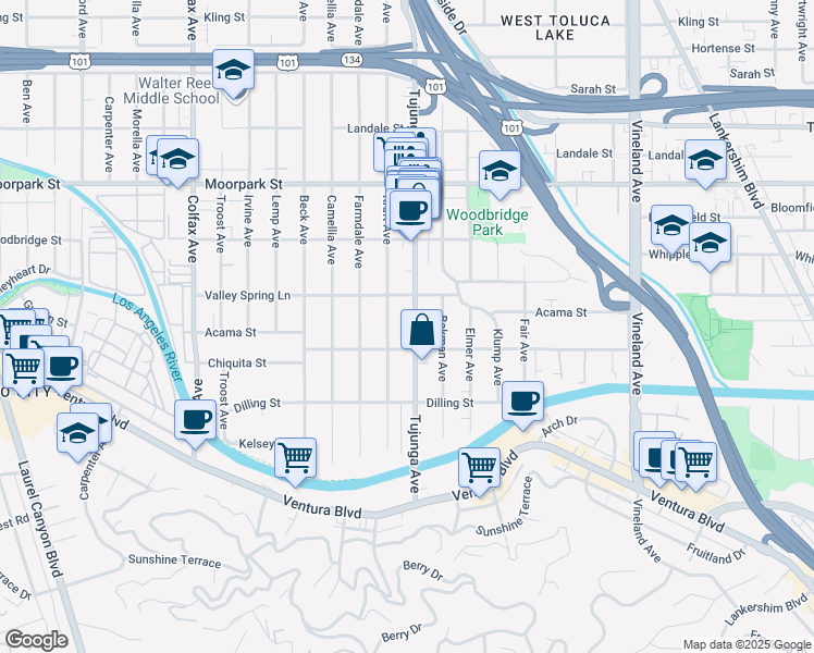 map of restaurants, bars, coffee shops, grocery stores, and more near 4225 Tujunga Avenue in Los Angeles