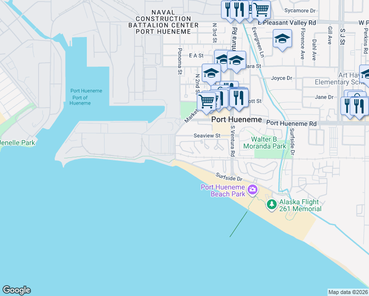 map of restaurants, bars, coffee shops, grocery stores, and more near 137 Mainsail Court in Port Hueneme