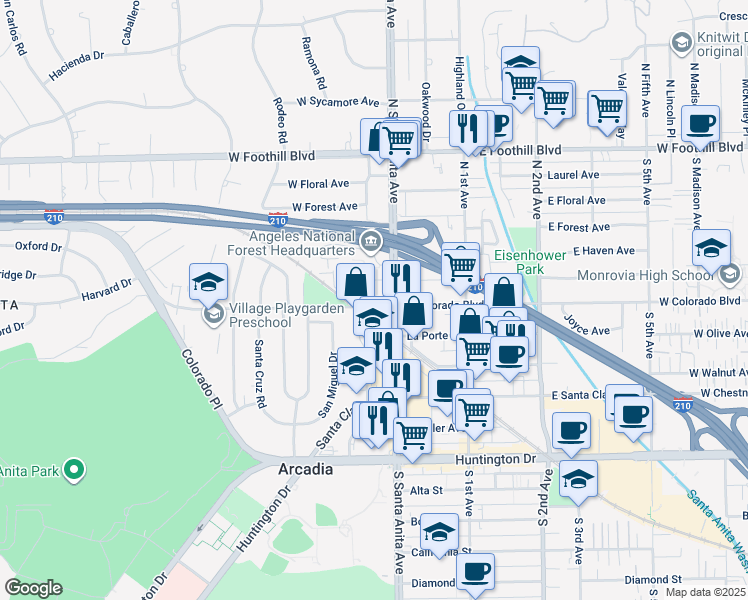 map of restaurants, bars, coffee shops, grocery stores, and more near 501 North Santa Anita Avenue in Arcadia