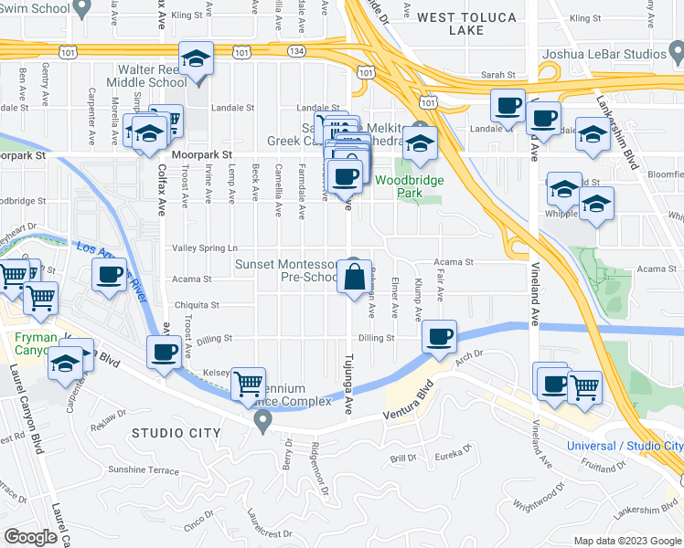 map of restaurants, bars, coffee shops, grocery stores, and more near 4225 Tujunga Avenue in Los Angeles