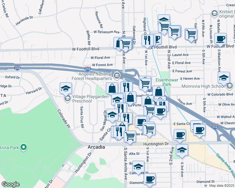 map of restaurants, bars, coffee shops, grocery stores, and more near 501 North Santa Anita Avenue in Arcadia