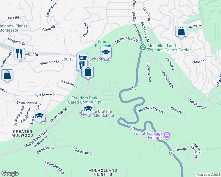 map of restaurants, bars, coffee shops, grocery stores, and more near 4201 Topanga Canyon Boulevard in Topanga
