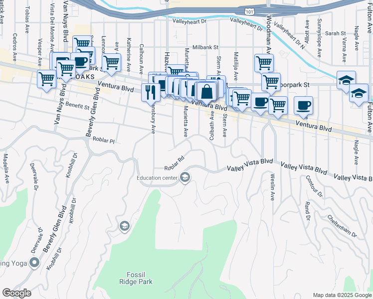 map of restaurants, bars, coffee shops, grocery stores, and more near 14015 Roblar Road in Los Angeles