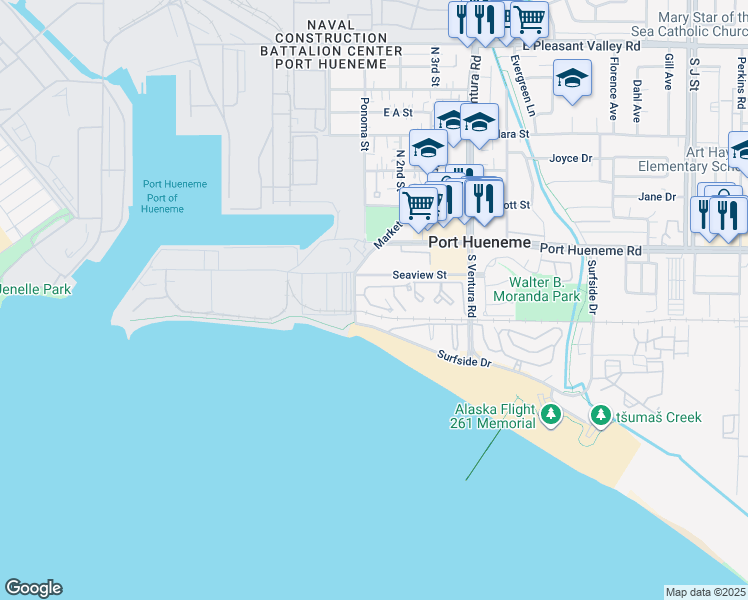 map of restaurants, bars, coffee shops, grocery stores, and more near 137 Mainsail Court in Port Hueneme