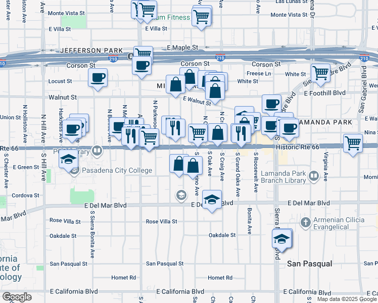map of restaurants, bars, coffee shops, grocery stores, and more near 2044 East Colorado Boulevard in Pasadena