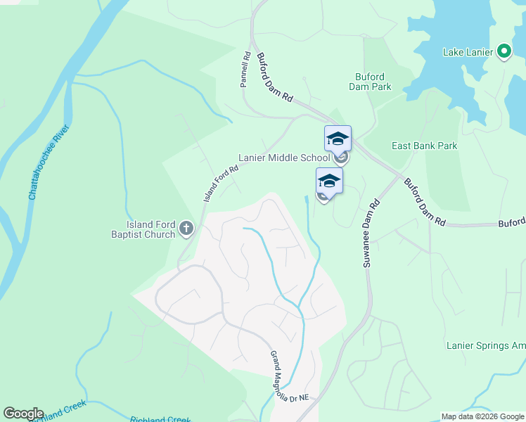 map of restaurants, bars, coffee shops, grocery stores, and more near 6935 River Island Circle in Buford