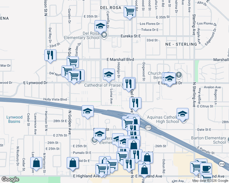 map of restaurants, bars, coffee shops, grocery stores, and more near 2991 Loma Avenue in San Bernardino