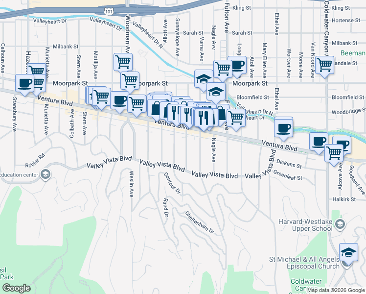map of restaurants, bars, coffee shops, grocery stores, and more near 4169 Greenbush Avenue in Los Angeles