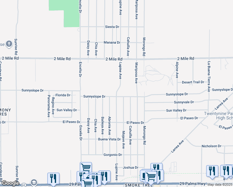 map of restaurants, bars, coffee shops, grocery stores, and more near Lupine Avenue in Twentynine Palms
