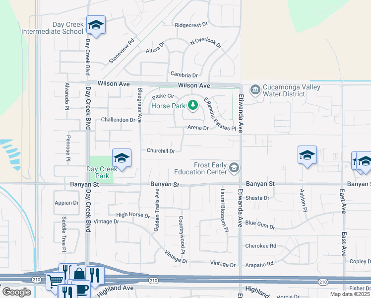 map of restaurants, bars, coffee shops, grocery stores, and more near 5967 Rancho Vista Place in Rancho Cucamonga
