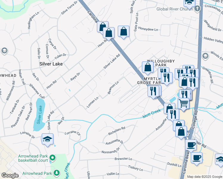 map of restaurants, bars, coffee shops, grocery stores, and more near 1202 Beamon Lane in Wilmington