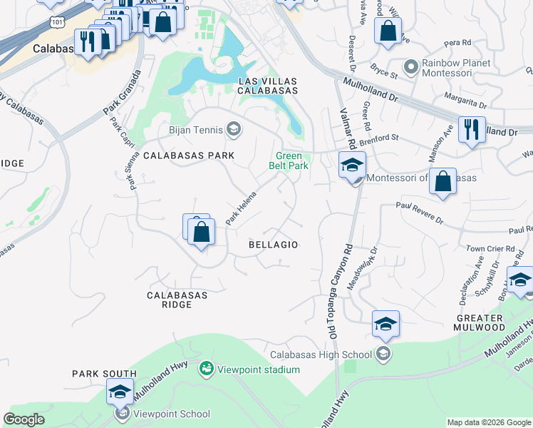 map of restaurants, bars, coffee shops, grocery stores, and more near 23306 Park Hacienda in Calabasas
