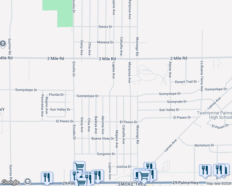 map of restaurants, bars, coffee shops, grocery stores, and more near 71960 Sunnyslope Drive in Twentynine Palms