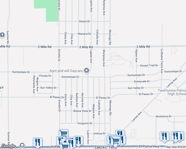 map of restaurants, bars, coffee shops, grocery stores, and more near 71948 Sunnyslope Drive in Twentynine Palms