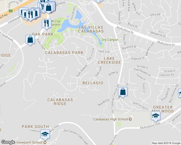 map of restaurants, bars, coffee shops, grocery stores, and more near 23306 Park Hacienda in Calabasas
