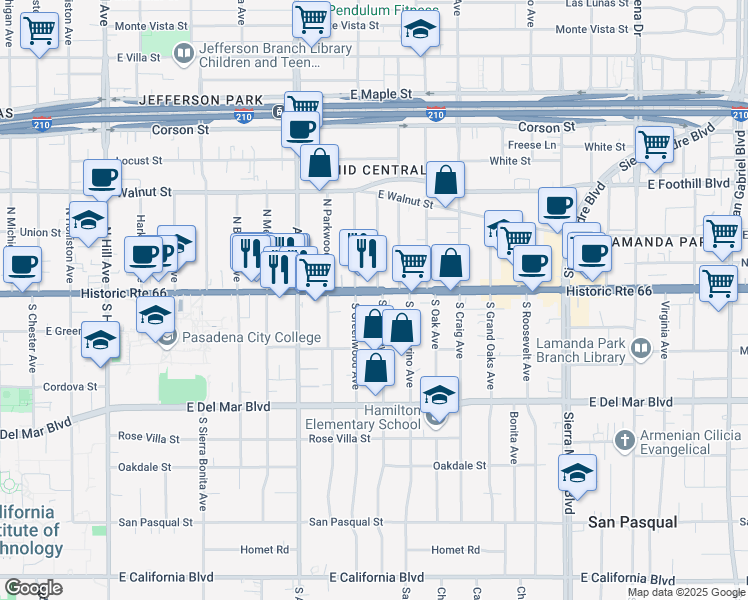 map of restaurants, bars, coffee shops, grocery stores, and more near 1936 East Colorado Boulevard in Pasadena