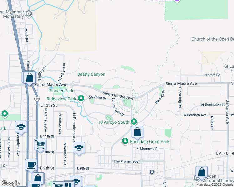 map of restaurants, bars, coffee shops, grocery stores, and more near 627 East Sierra Madre Avenue in Azusa