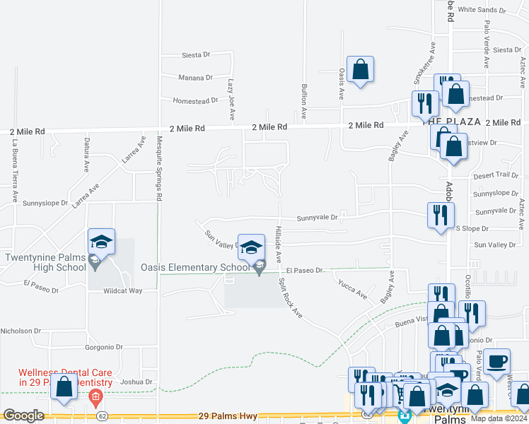 map of restaurants, bars, coffee shops, grocery stores, and more near 73184 Sunnyvale Drive in Twentynine Palms