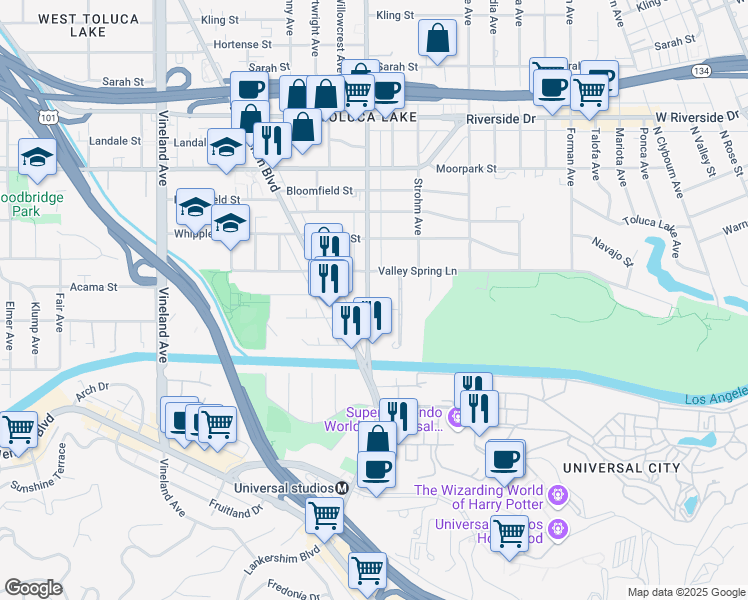 map of restaurants, bars, coffee shops, grocery stores, and more near 1/2 Cahuenga Boulevard in Los Angeles