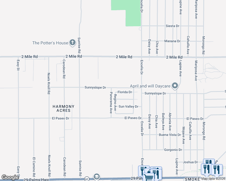 map of restaurants, bars, coffee shops, grocery stores, and more near 5902 Regino Avenue in Twentynine Palms