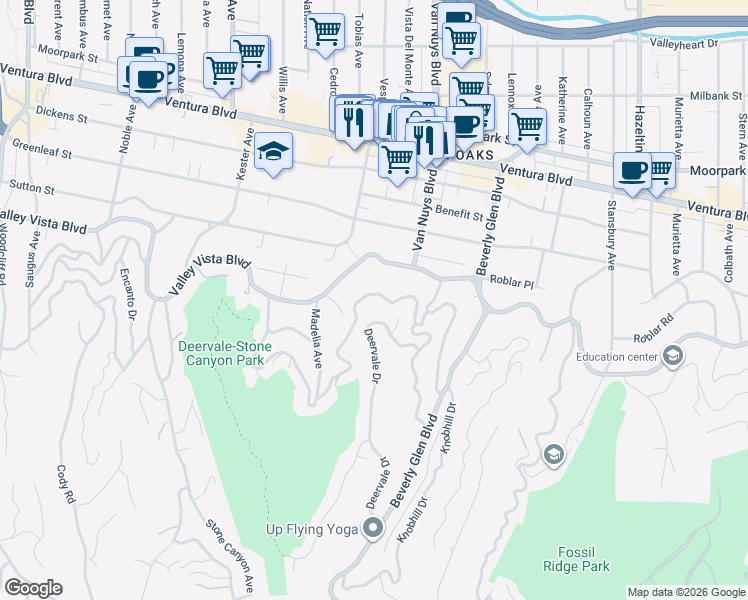 map of restaurants, bars, coffee shops, grocery stores, and more near 14614 Round Valley Drive in Los Angeles