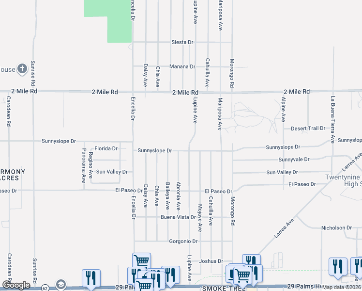 map of restaurants, bars, coffee shops, grocery stores, and more near 71916 Sunnyslope Drive in Twentynine Palms