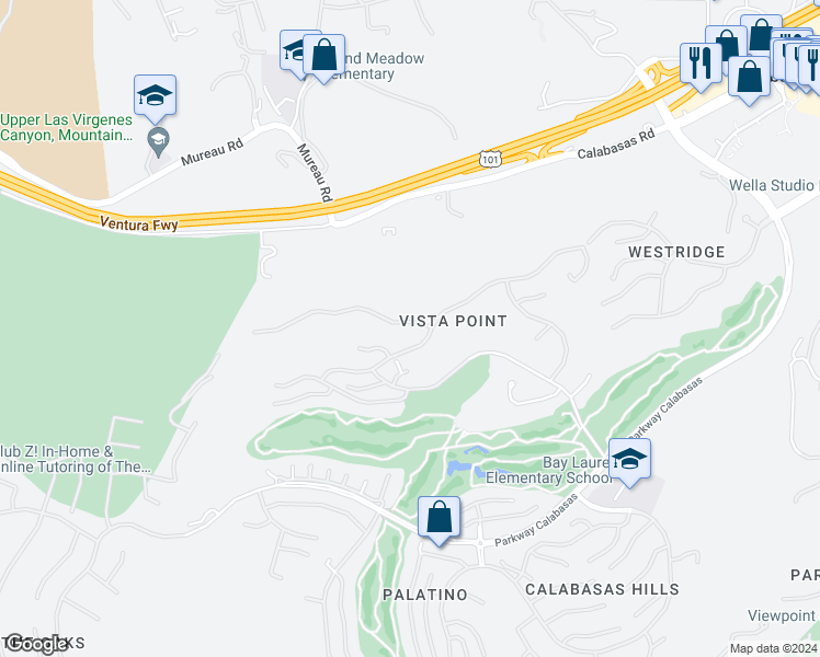map of restaurants, bars, coffee shops, grocery stores, and more near 24522 Cordillera Drive in Calabasas