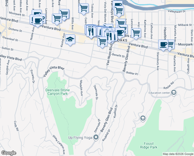map of restaurants, bars, coffee shops, grocery stores, and more near 14614 Round Valley Drive in Los Angeles