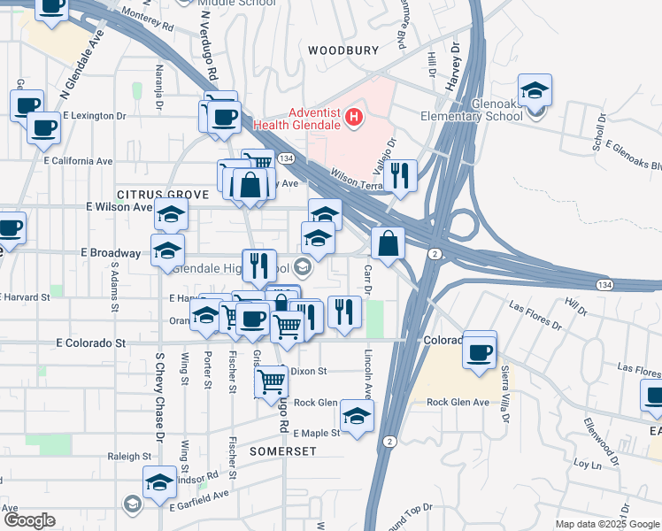 map of restaurants, bars, coffee shops, grocery stores, and more near 1502 East Broadway in Glendale