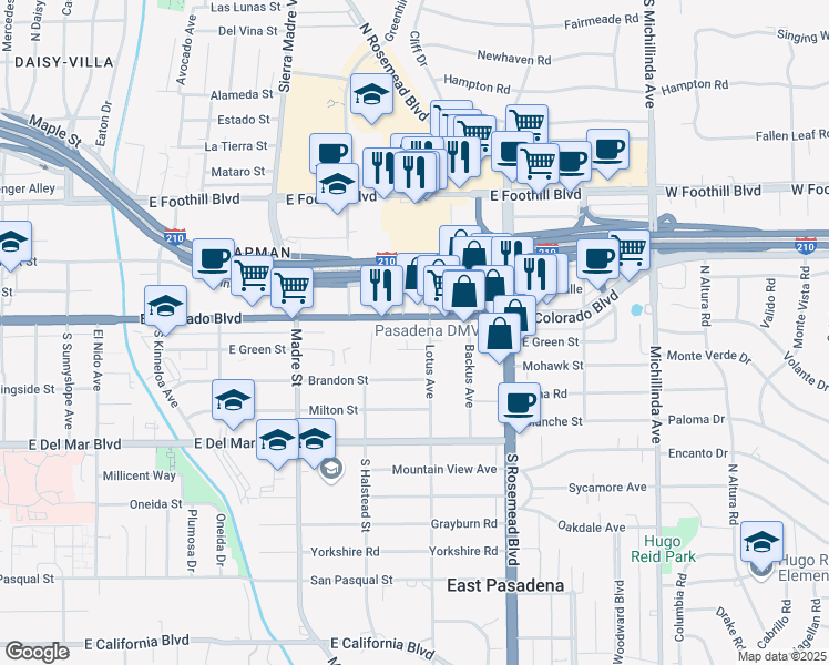 map of restaurants, bars, coffee shops, grocery stores, and more near 3570 East Colorado Boulevard in Pasadena