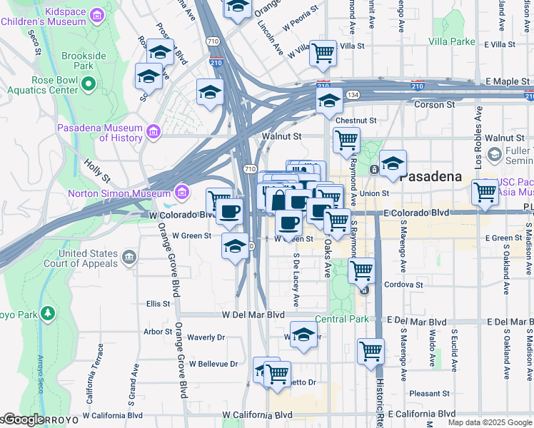 map of restaurants, bars, coffee shops, grocery stores, and more near 2 South Pasadena Avenue in Pasadena